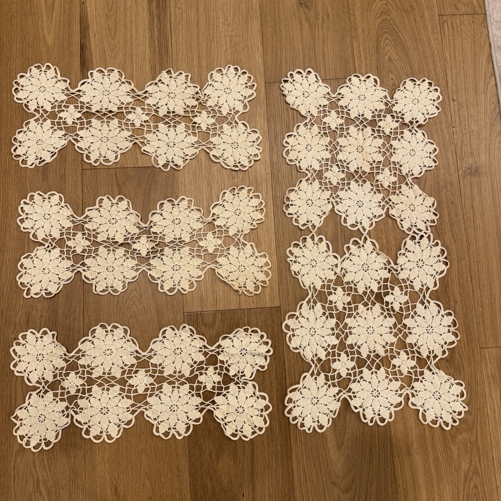 Vintage Hand Crochet Cream Lace Doily Table Scarf Runner Set Cottage Core Decor
